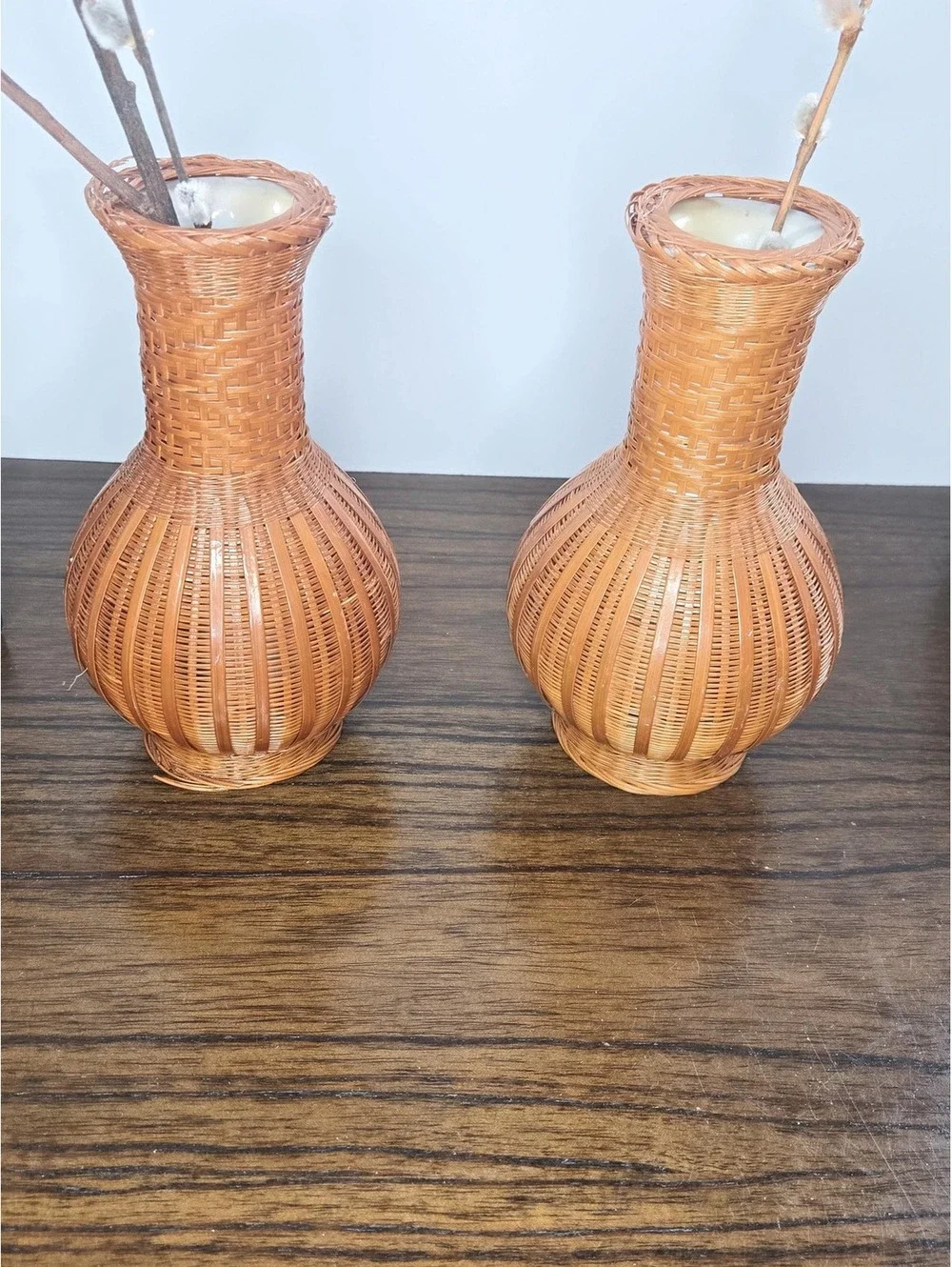 Vintage Bamboo Wrapped Ceramic Boho Vases, Set of 2